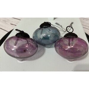 Vintage Blown Pink Blue Cut Glass 3” Christmas Balls Ornament Sun Catcher  X 3